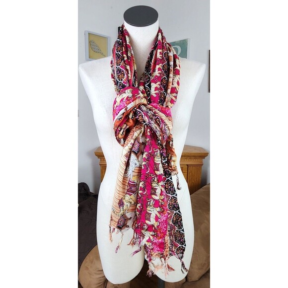 Women's Rectangular Ethnic Elephant Scarf Shawl with Fringe 62X43" - Picture 5 of 5